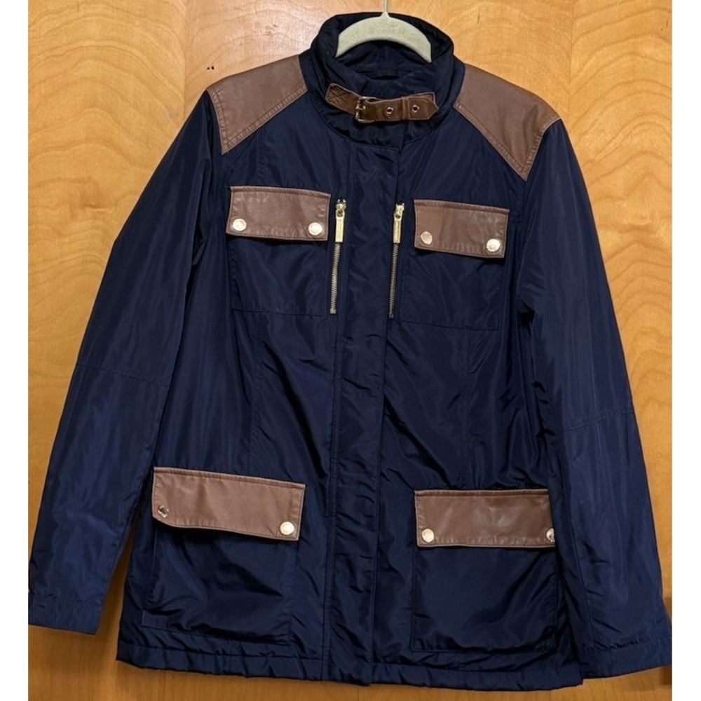 Michael Kors Womens Softshell Utility Jacket Sheepskin Trim Gold Hardware Navy M